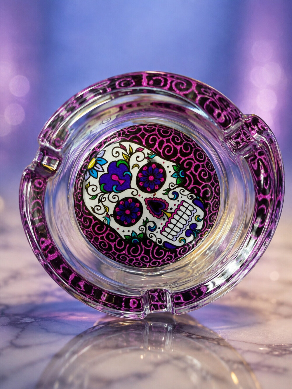 Ashtray Heavy Glass 3.25" Round - Sugar Skull- Pink
